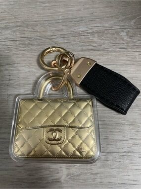 Gold Quilted Mini Purse Key Holder with Black Strap